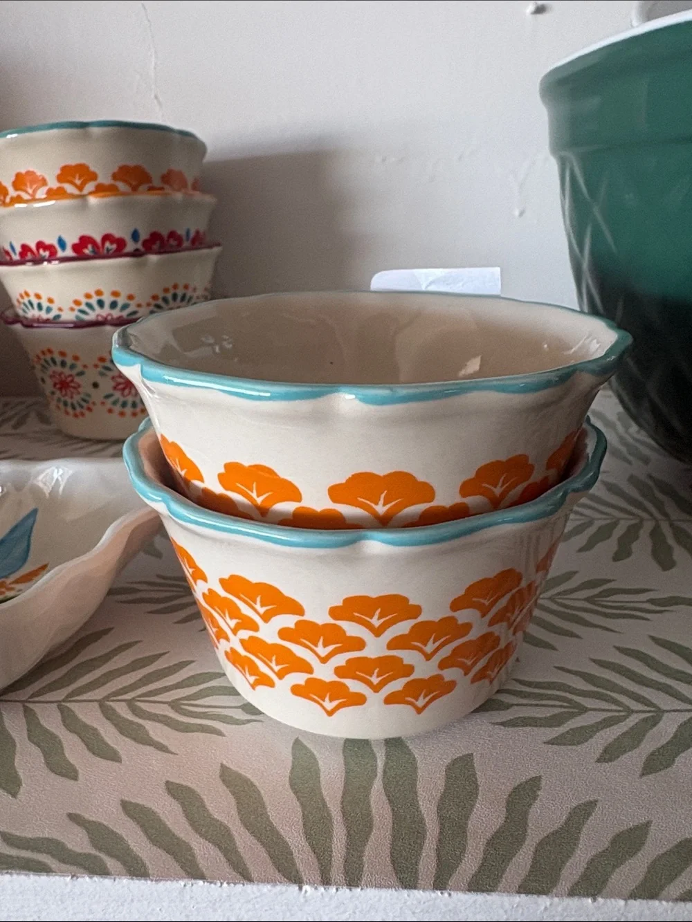Colorful Floral Ceramic Bowls - Turquoise, Orange & Pink Set